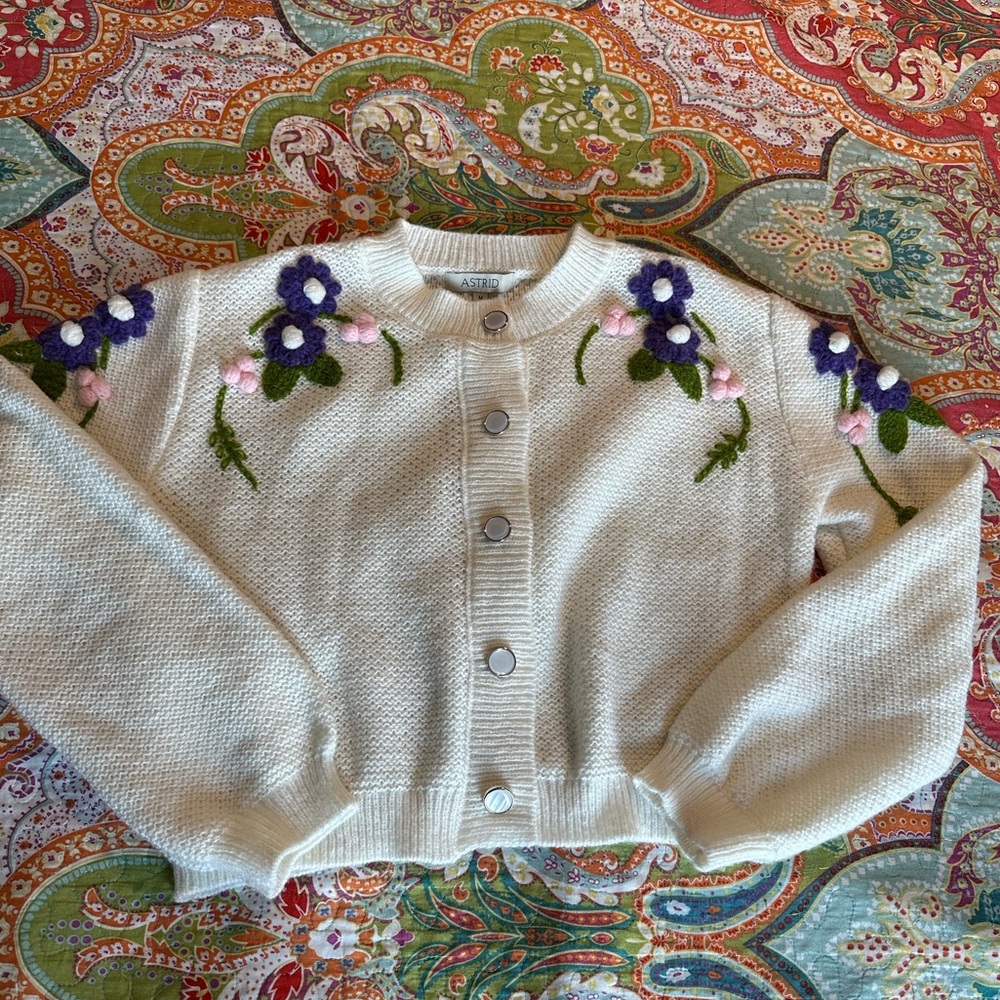 Astrid Cream Cardigan with Purple and Pink Floral Design